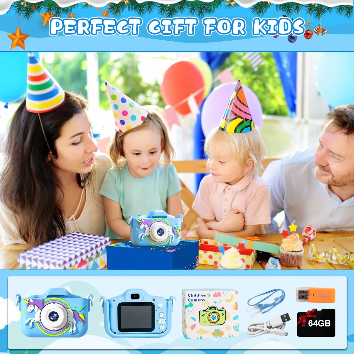 Kids Camera for Girls Boys 64GB 1080HD Selfie Digital Cameras Portable Toddler Unicorn Toys Christmas Birthday Gift Age 3-10, Blue