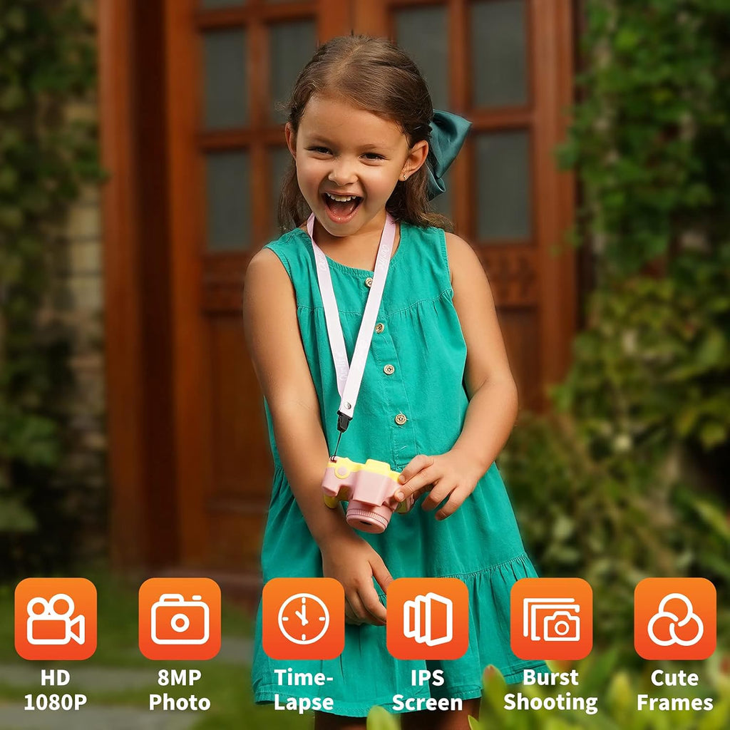 Kids Camera for Age 3-12, 1080P HD Digital Video Toddler Camera with MP3 Music Player, Christmas Birthday Gifts for Girls/Boys Age 3 4 5 6 7 8 with 8Gb SD Card-Pink