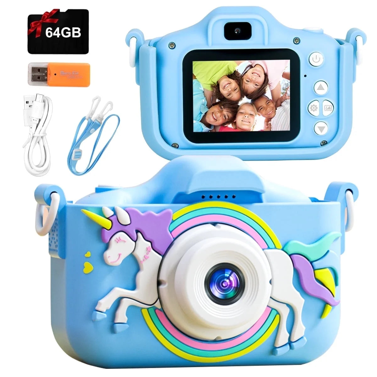 Kids Camera for Girls Boys 64GB 1080HD Selfie Digital Cameras Portable Toddler Unicorn Toys Christmas Birthday Gift Age 3-10, Blue