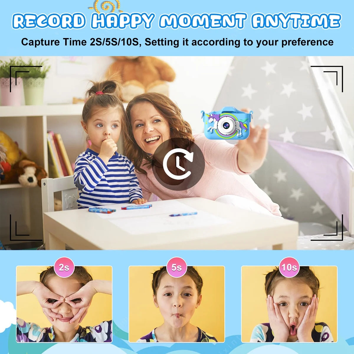 Kids Camera for Girls Boys 64GB 1080HD Selfie Digital Cameras Portable Toddler Unicorn Toys Christmas Birthday Gift Age 3-10, Blue