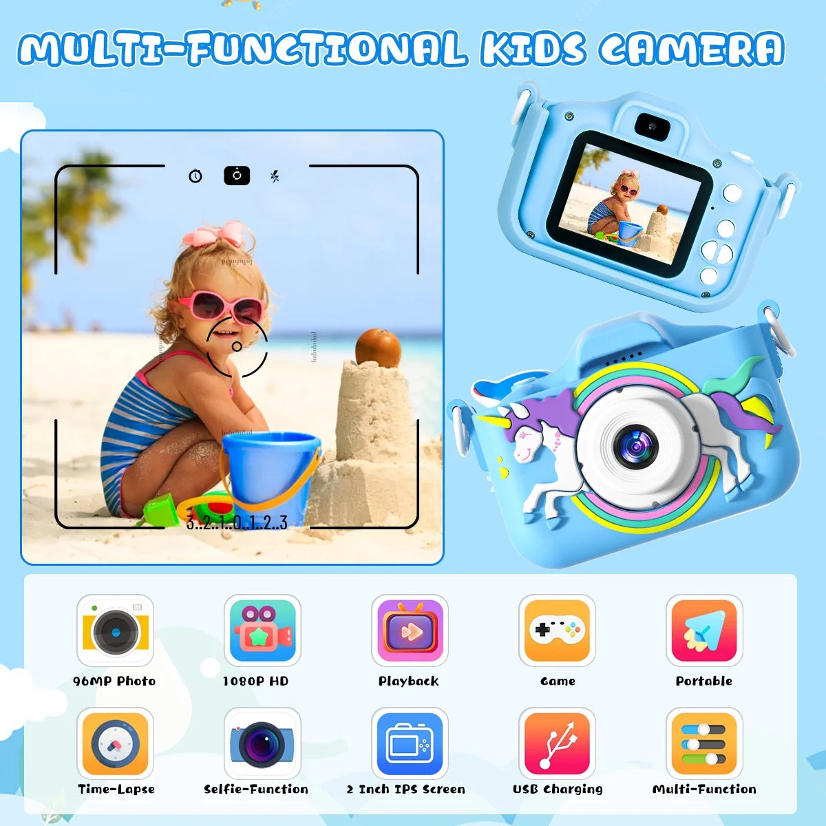 Kids Camera for Girls Boys 64GB 1080HD Selfie Digital Cameras Portable Toddler Unicorn Toys Christmas Birthday Gift Age 3-10, Blue