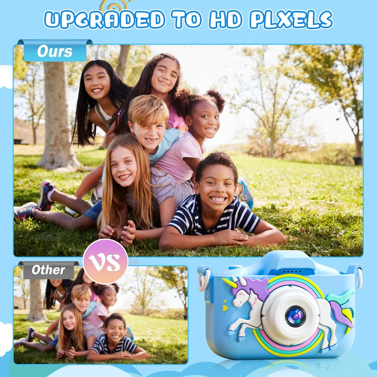 Kids Camera for Girls Boys 64GB 1080HD Selfie Digital Cameras Portable Toddler Unicorn Toys Christmas Birthday Gift Age 3-10, Blue