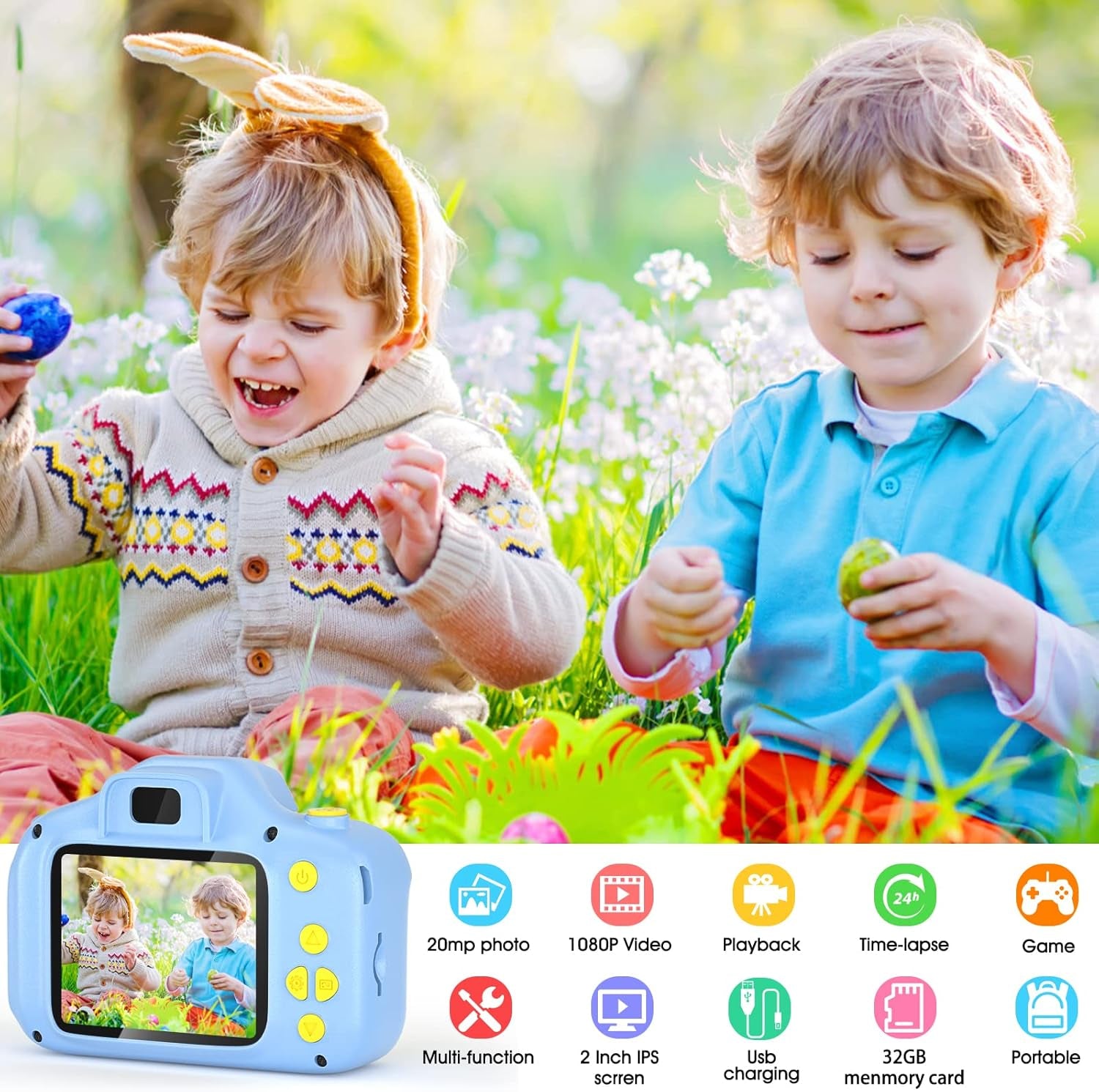 Kids Toys for 3-10 Year Old Boys Girls, Kids Camera 1080P 2Inch HD Children Digital Cameras for Girls Best Birthday Toys,Toddler Camera Gift for 3-9 Year Old Boy (With 32G SD Card) (Blue)